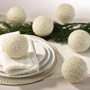 Faux pearl and acrylic beaded Holiday Orb, plastic ball, set of 4